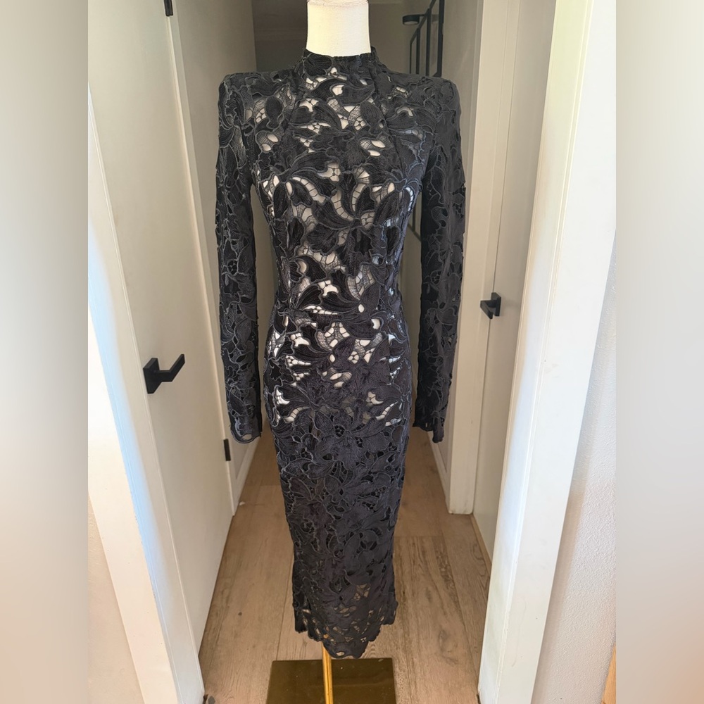 NADINE MERABI Diane Black Velvet Embroidered Midi Dress Sz XS (2) MSRP $545 NWT - Picture 6 of 12
